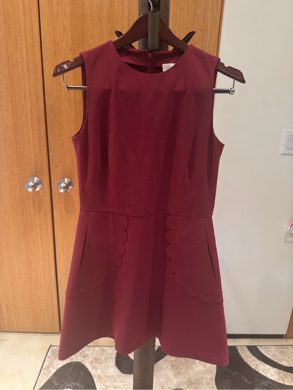 RED Valentino Sleeveless Scalloped Pocket Mini Dress in Burgundy